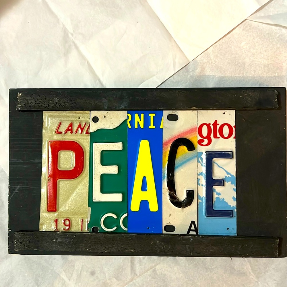 License plate art 
Mixed states 
Says PEACE